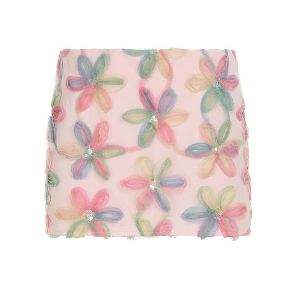 Flower applique glitter zip-up mini skirt