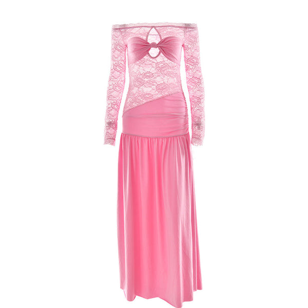 Long sleeve off shoulder hollow out lace slit maxi dress