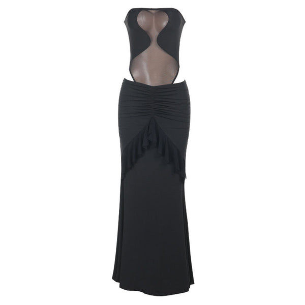 Mesh button ruched ruffle tube skirt set