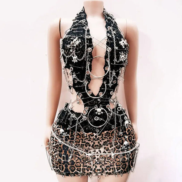 Leopard print halter hollow out skull applique mini dress