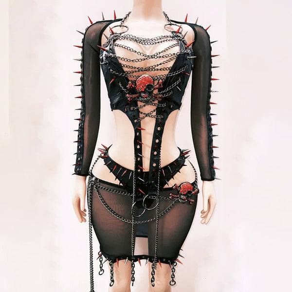 Long sleeve rivet metal chain skull applique o ring top