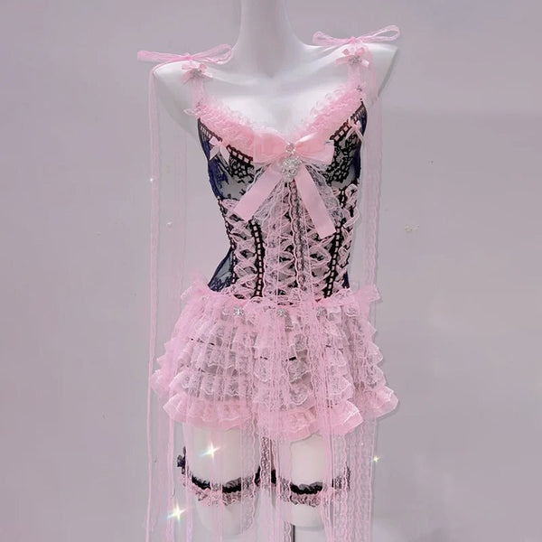 Bowknot lace hem ruffle v neck cami mini dress