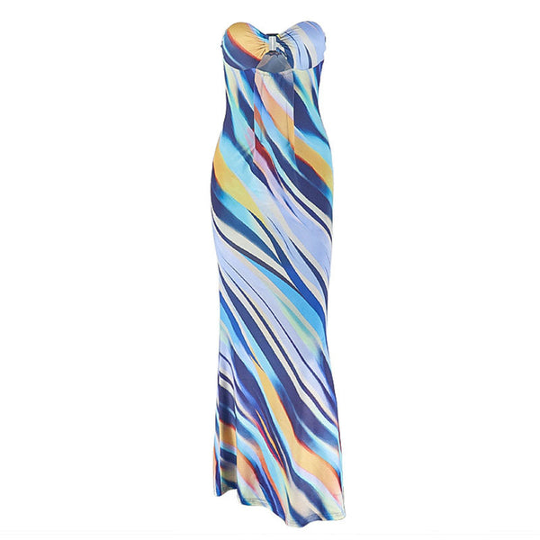 Hollow out print backless tube maxi dress