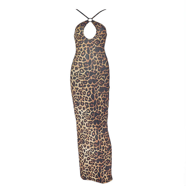 Leopard print hollow out crewneck self tie maxi dress