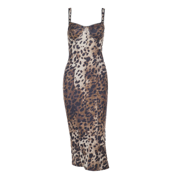 Leopard print slit v neck cami midi dress