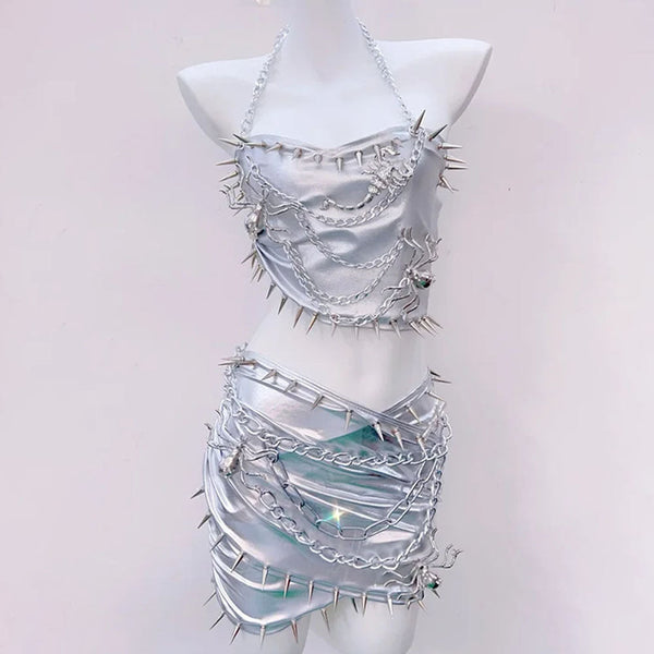 Metal chain halter rivet applique metallic mini skirt set