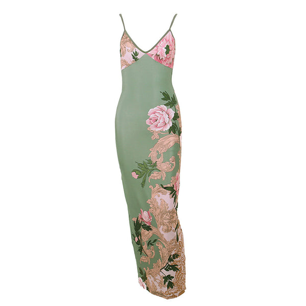 V neck flower print backless cami maxi dress