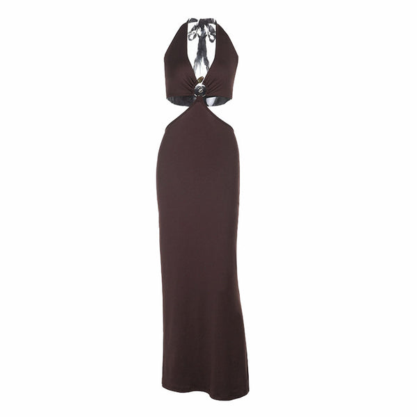 Halter self tie v neck brown maxi dress