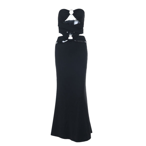 Hollow out o ring backless tube maxi dress