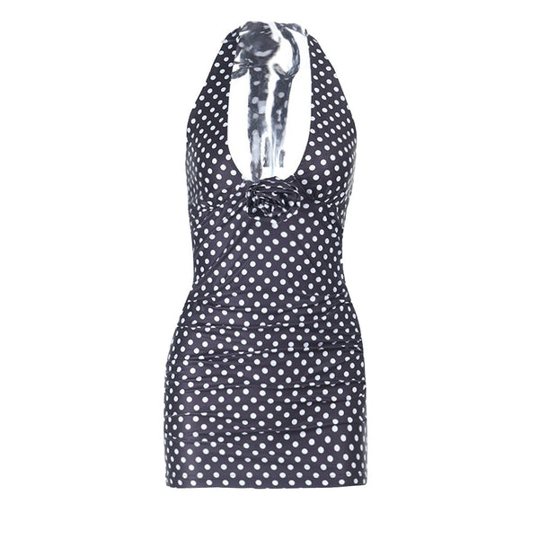 Polka dot self tie halter flower applique mini dress