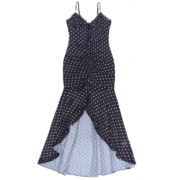 Mesh polka dot ruched ruffle cami midi dress