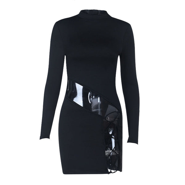 Irregular long sleeve hollow out crewneck mini dress