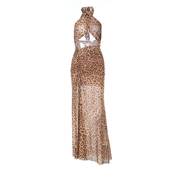 Leopard print slit cross front hollow out maxi dress