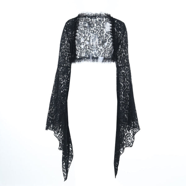 Long flared sleeve ruffle hollow out shrug top