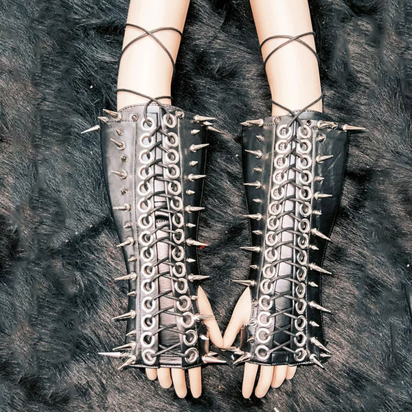 Rivet lace up PU leather gloves