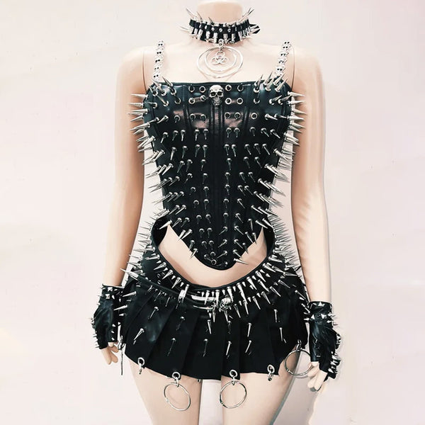 Rivet PU leather skull applique lace up cami top