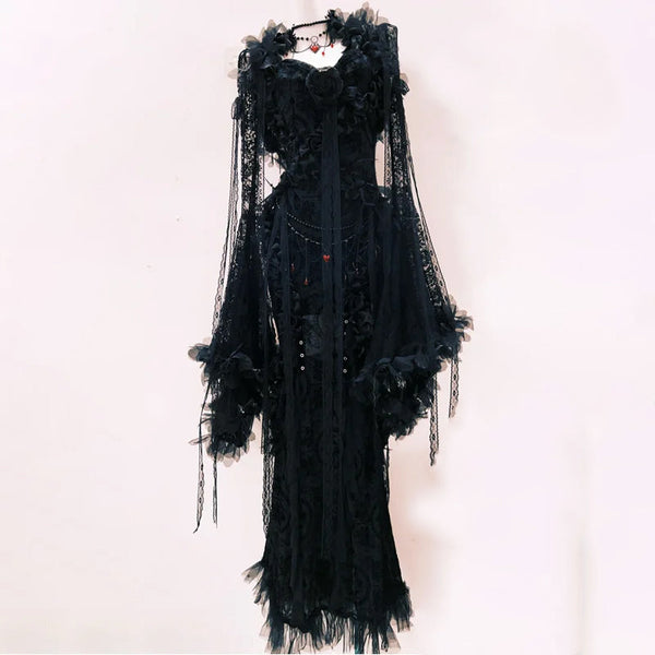 Long sleeve flower applique lace hem shrug maxi dress