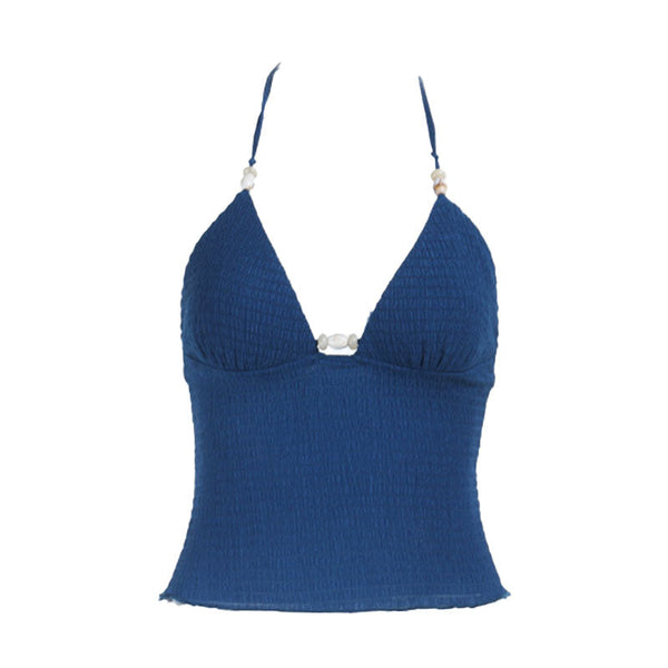 Self tie halter v neck ruched backless top