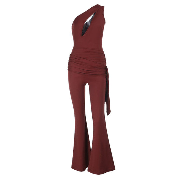 Hollow out ruched one shoulder irregular jumpsuit