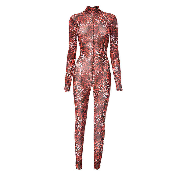 Leopard print long sleeve high neck mesh jumpsuit