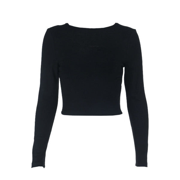 Long sleeve crewneck self tie backless top
