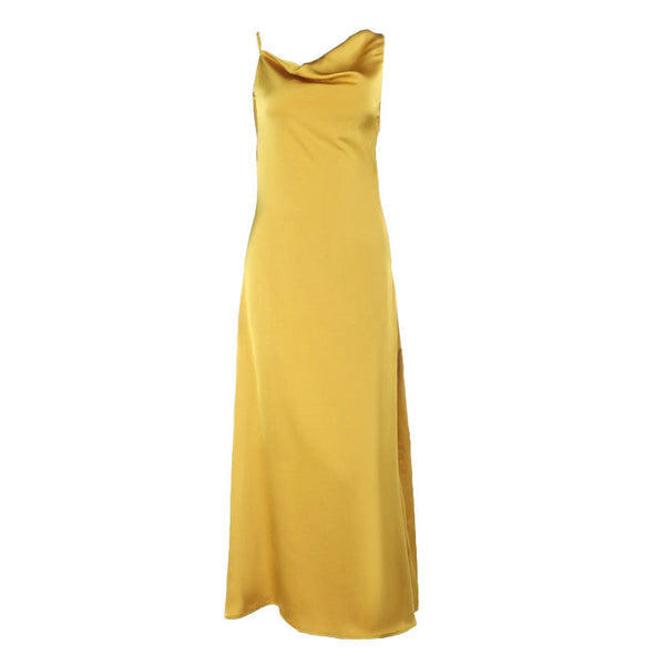 Cowl neck satin zip-up irregular maxi dress