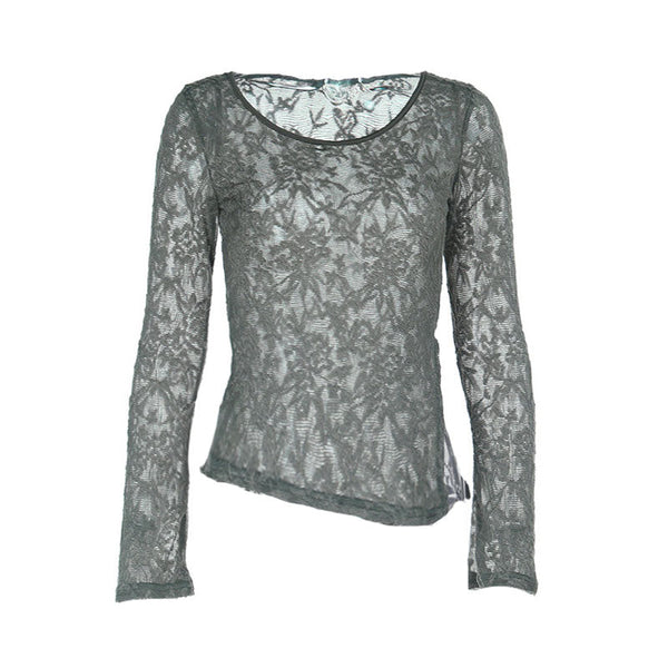 Long sleeve round neck slit lace irregular top