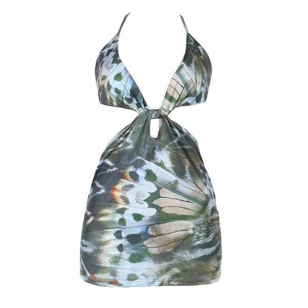 Print hollow out halter v neck self tie mini dress