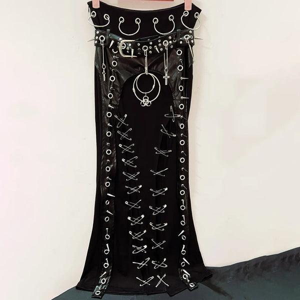 Rivet high slit o ring PU leather patchwork maxi skirt