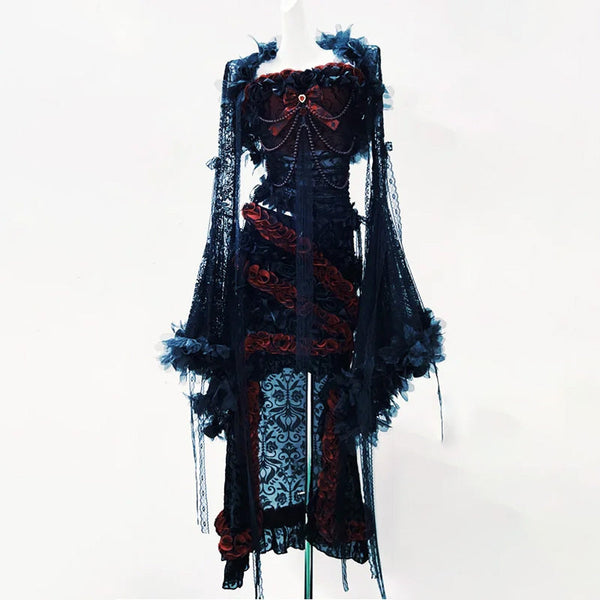 Bowknot flower applique long sleeve maxi skirt set