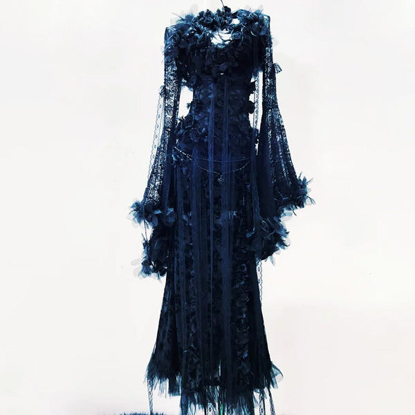 Long flared sleeve flower applique lace maxi dress