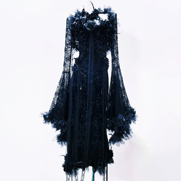 Lace long flared sleeve flower applique maxi dress