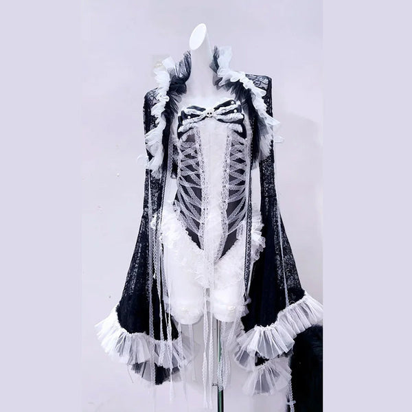 Long flared sleeve ruffle lace bowknot bodysuit