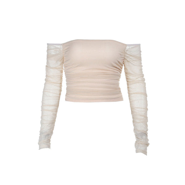 Long sleeve off shoulder ruched mesh tube top