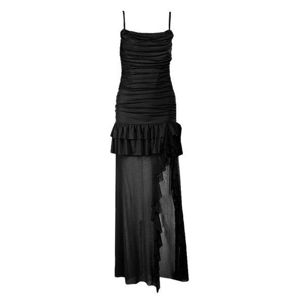 Ruched slit ruffle mesh cami maxi dress