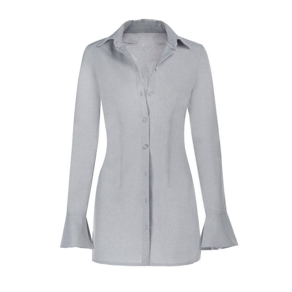 Long flared sleeve turnover collar button top