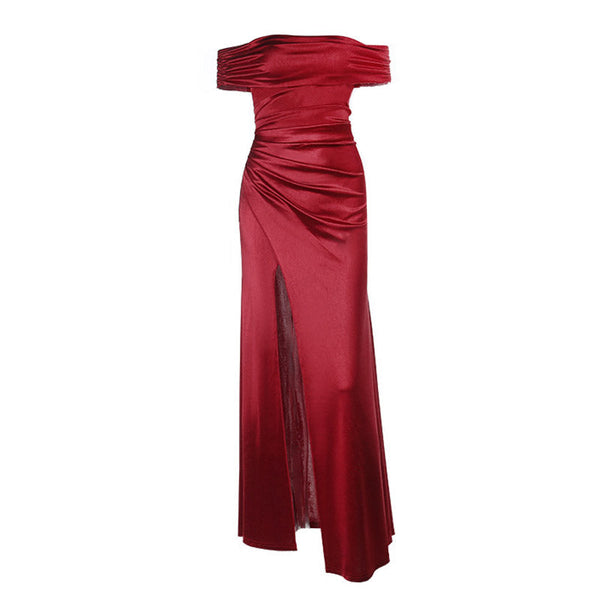 Off shoulder satin slit ruched maxi dress