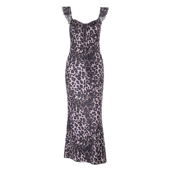 Leopard print ruffle self tie v neck maxi dress