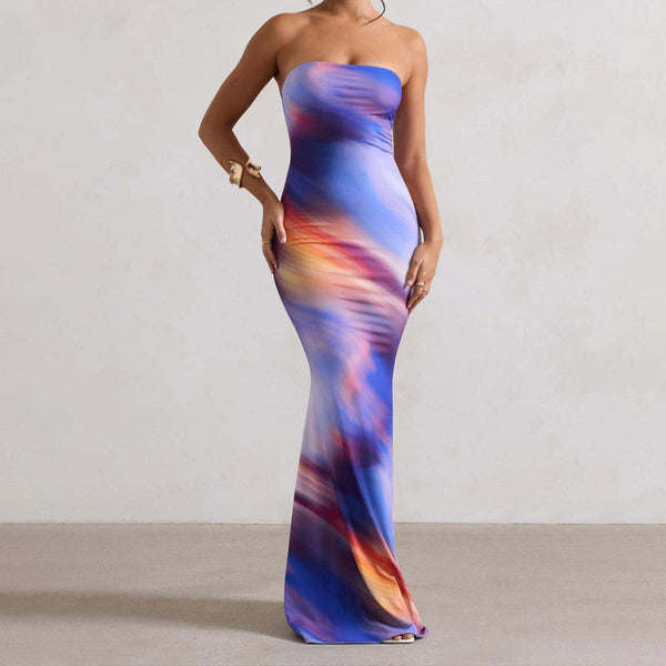 Print contrast backless tube maxi dress