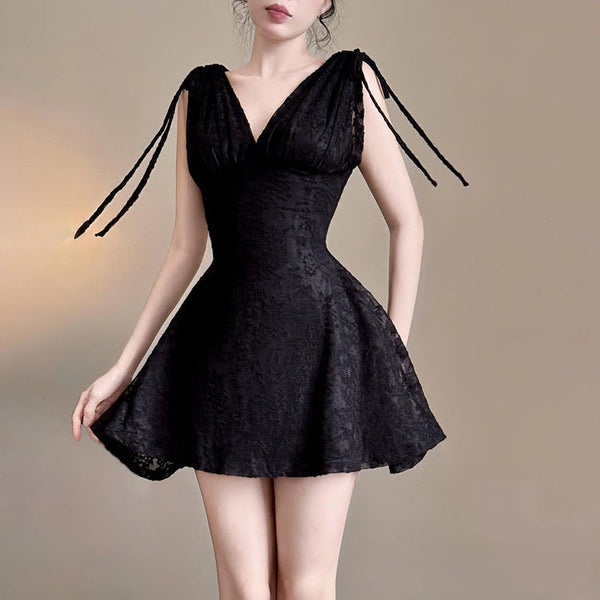 Self tie v neck lace solid mini dress