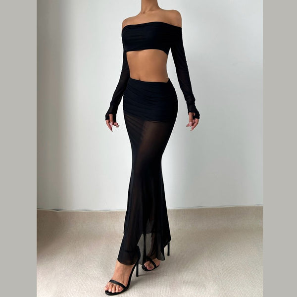Long sleeve gloves ruched off shoulder maxi skirt set