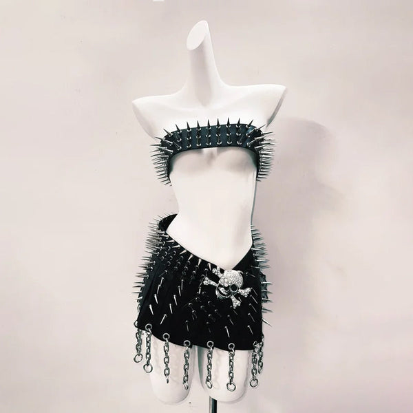 Skull applique rivet PU leather belt top