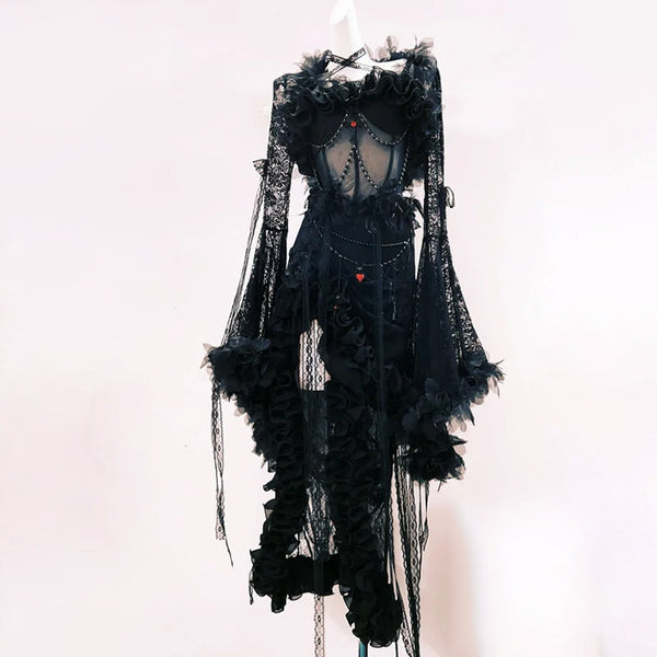 Long sleeve beaded flower applique lace maxi dress