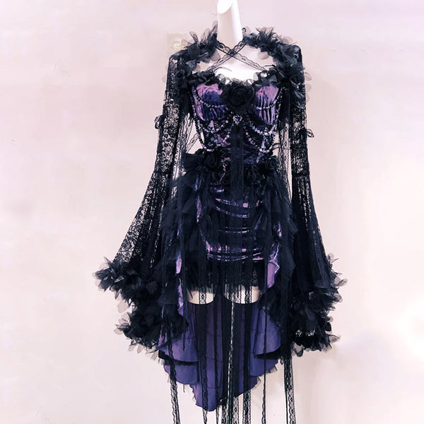 Long sleeve beaded flower applique cami mini dress