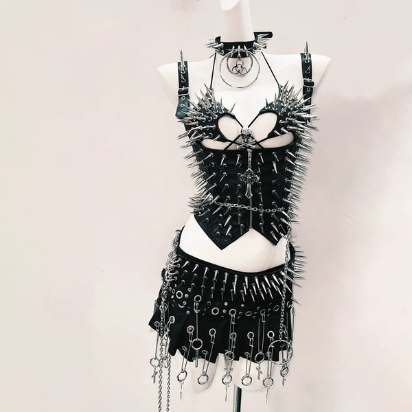 Rivet skull applique halter PU leather mini skirt set