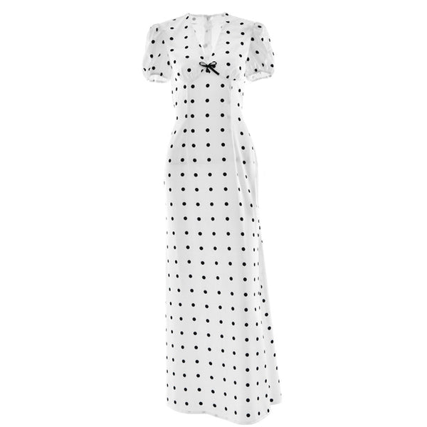 Polka dot short sleeve bowknot zip-up maxi dress