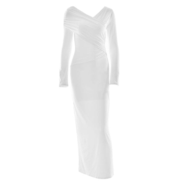 Long sleeve v neck ruched solid maxi dress