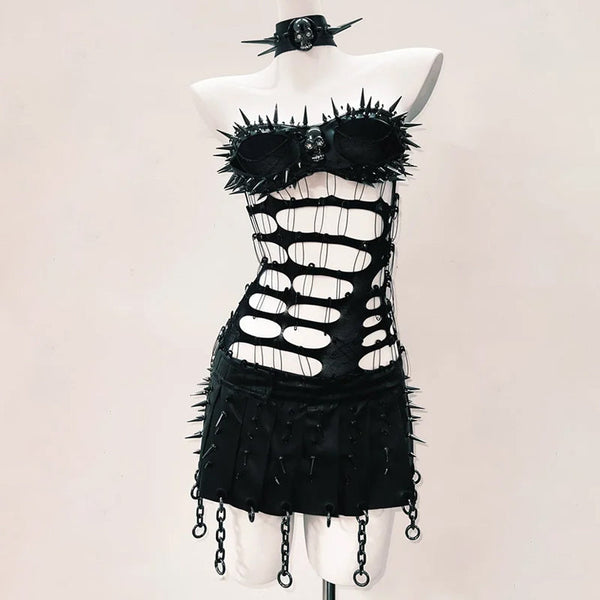 Rivet hollow out skull applique mini skirt set
