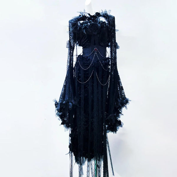 Long sleeve lace beaded flower applique corset maxi dress