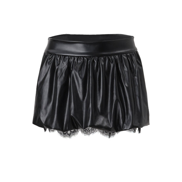 PU leather lace hem mini skirt